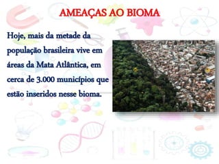 AMEAÇAS AO BIOMA
Hoje, mais da metade da
população brasileira vive em
áreas da Mata Atlântica, em
cerca de 3.000 municípios que
estão inseridos nesse bioma.
 