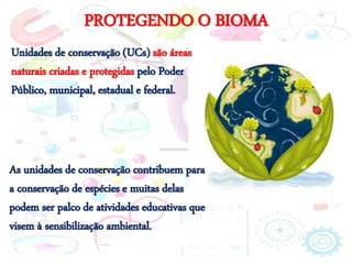 PROTEGENDO O BIOMA
Unidades de conservação (UCs) são áreas
naturais criadas e protegidas pelo Poder
Público, municipal, estadual e federal.
As unidades de conservação contribuem para
a conservação de espécies e muitas delas
podem ser palco de atividades educativas que
visem à sensibilização ambiental.
 