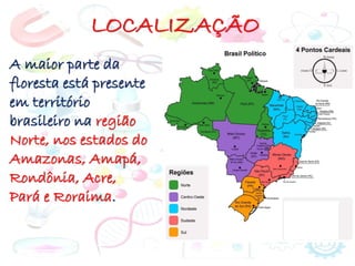 LOCALIZAÇÃO
A maior parte da
floresta está presente
em território
brasileiro na região
Norte, nos estados do
Amazonas, Amapá,
Rondônia, Acre,
Pará e Roraima.
 