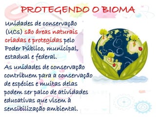 PROTEGENDO O BIOMA
Unidades de conservação
(UCs) são áreas naturais
criadas e protegidas pelo
Poder Público, municipal,
estadual e federal.
As unidades de conservação
contribuem para a conservação
de espécies e muitas delas
podem ser palco de atividades
educativas que visem à
sensibilização ambiental.
 