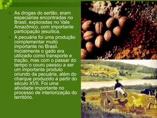  As drogas do sertão, eram
especiarias encontradas no
Brasil, exploradas no Vale
Amazônico, com importante
participação jesuítica.
 A pecuária foi uma produção
complementar muito
importante no Brasil.
Inicialmente o gado era
utilizado como transporte e
tração, mas com o passar do
tempo o couro passou a ser
um importante produto
oriundo da pecuária, além do
charque produzido a partir do
século XVII. Foi uma
atividade importante no
processo de interiorização do
território.
 