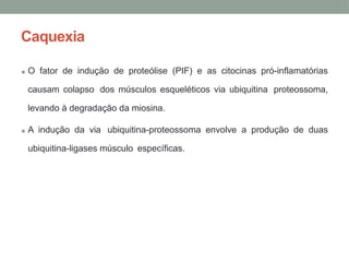 Caquexia
• O fator de indução de proteólise (PIF) e as citocinas pró-inflamatórias
causam colapso dos músculos esqueléticos via ubiquitina proteossoma,
levando à degradação da miosina.
• A indução da via ubiquitina-proteossoma envolve a produção de duas
ubiquitina-ligases músculo específicas.
 