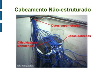Cabeamento Não-estruturado 
Dutos super-lotados 
Cabos dobrados 
Dificuldade de Manutenção 
Foto: Rodrigo Cabelo  
