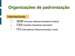 Organizações de padronização 
Internacionais 
ANSI American National Standards Institute 
CSA Canadian Standards Association 
ITU International Telecommunication Union  