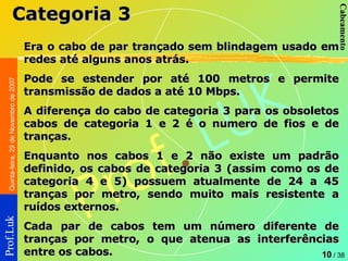 Era o cabo de par trançado sem blindagem usado em redes até alguns anos atrás.  Pode se estender por até 100 metros e permite transmissão de dados a até 10 Mbps.  A diferença do cabo de categoria 3 para os obsoletos cabos de categoria 1 e 2 é o numero de fios e de tranças.  Enquanto nos cabos 1 e 2 não existe um padrão definido, os cabos de categoria 3 (assim como os de categoria 4 e 5) possuem atualmente de 24 a 45 tranças por metro, sendo muito mais resistente a ruídos externos.  Cada par de cabos tem um número diferente de tranças por metro, o que atenua as interferências entre os cabos. Categoria 3 