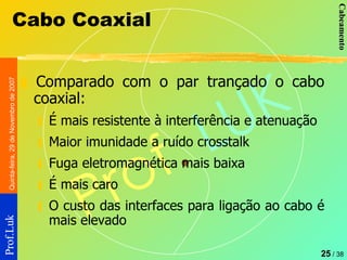 Cabo Coaxial Comparado com o par trançado o cabo coaxial: É mais resistente à interferência e atenuação Maior imunidade a ruído crosstalk Fuga eletromagnética mais baixa É mais caro O custo das interfaces para ligação ao cabo é mais elevado 