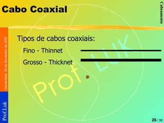 Cabo Coaxial Tipos de cabos coaxiais: Fino - Thinnet Grosso - Thicknet 