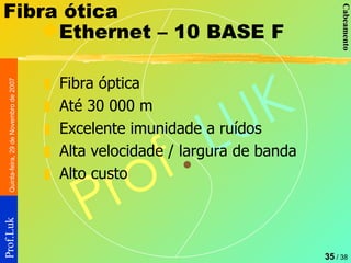 Fibra ótica Ethernet – 10 BASE F Fibra óptica Até 30 000 m Excelente imunidade a ruídos Alta velocidade / largura de banda Alto custo 