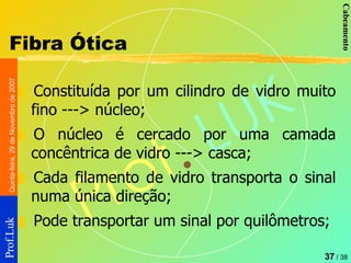 Fibra Ótica Constituída por um cilindro de vidro muito fino ---> núcleo; O núcleo é cercado por uma camada concêntrica de vidro ---> casca; Cada filamento de vidro transporta o sinal numa única direção; Pode transportar um sinal por quilômetros; 