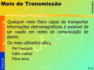 Meio de Transmissão Qualquer meio físico capaz de transportar informações eletromagnéticas é passível de ser usado em redes de comunicação de dados; Os mais utilizados são: Par trançado Cabo coaxial  Fibra ótica  
