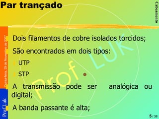Par trançado Dois filamentos de cobre isolados torcidos; São encontrados em dois tipos:  UTP STP A transmissão pode ser  analógica ou digital; A banda passante é alta; 