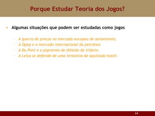 Porque Estudar Teoria dos Jogos? Algumas situações que podem ser estudadas como jogos A guerra de preços no mercado europeu de automóveis; A Opep e o mercado internacional do petróleo; A Du Pont e o pigmento de dióxido de titânio; A Leica se defende de uma tentativa de aquisição hostil. 