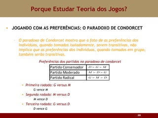 Porque Estudar Teoria dos Jogos? JOGANDO COM AS PREFERÊNCIAS: O PARADOXO DE CONDORCET O paradoxo de Condorcet mostra que o fato de as preferências dos indivíduos, quando tomados isoladamente, serem transitivas, não implica que as preferências dos indivíduos, quando tomados em grupo, também serão transitivas. Primeira rodada: G versus M G vence M Segunda rodada: M versus D M vence D Terceira rodada: G versus D D vence G Preferências dos partidos no paradoxo de condorcet 