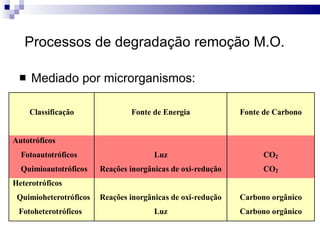 Processos de degradação remoção M.O.   Mediado por microrganismos: 
