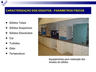 CARACTERIZAÇÃO DOS ESGOTOS - PARÂMETROS FÍSICOS Sólidos Totais Sólidos Suspensos Sólidos Dissolvidos Cor  Turbidez Odor Temperatura Equipamentos para realização dos ensaios de sólidos 
