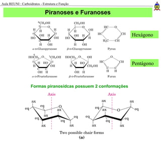 Piranoses e Furanoses
Formas piranosídcas possuem 2 conformações
Aula REUNI : Carboidratos - Estrutura e Função
Hexágono
Pentágono
 