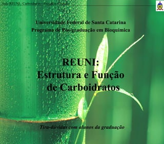 Aula REUNI : Carboidratos - Estrutura e Função
REUNI:
Estrutura e Função
de Carboidratos
Universidade Federal de Santa Catarina
Programa de Pós-graduação em Bioquímica
Tira-dúvidas com alunos da graduação
 
