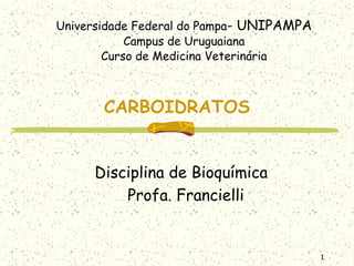 1
CARBOIDRATOS
Disciplina de Bioquímica
Profa. Francielli
Universidade Federal do Pampa- UNIPAMPA
Campus de Uruguaiana
Curso de Medicina Veterinária
 