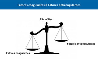 Fatores coagulantes X Fatores anticoagulantes
Fatores coagulantes
Fatores anticoagulantes
Fibrinólise
 