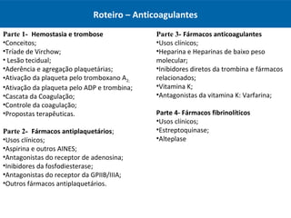 Roteiro – Anticoagulantes
Parte 3- Fármacos anticoagulantes
•Usos clínicos;
•Heparina e Heparinas de baixo peso
molecular;
•Inibidores diretos da trombina e fármacos
relacionados;
•Vitamina K;
•Antagonistas da vitamina K: Varfarina;
Parte 4- Fármacos fibrinolíticos
•Usos clínicos;
•Estreptoquinase;
•Alteplase
Parte 1- Hemostasia e trombose
•Conceitos;
•Tríade de Virchow;
• Lesão tecidual;
•Aderência e agregação plaquetárias;
•Ativação da plaqueta pelo tromboxano A2;
•Ativação da plaqueta pelo ADP e trombina;
•Cascata da Coagulação;
•Controle da coagulação;
•Propostas terapêuticas.
Parte 2- Fármacos antiplaquetários;
•Usos clínicos;
•Aspirina e outros AINES;
•Antagonistas do receptor de adenosina;
•Inibidores da fosfodiesterase;
•Antagonistas do receptor da GPIIB/IIIA;
•Outros fármacos antiplaquetários.
 