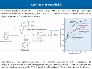 A aspirina (ácido acetilsalicilico) é o mais antigo AINE no mercado. Atua por inativação
irreversível tanto das ciclxigenases (COX) -1 e COX-2. Inibe a síntese de tromboxano A2 de
plaquetas (TX) e reduz o risco de trombose
Para além das suas ações analgésicas e anti-inflamatórias, aspirina inibe a agregação de
plaquetas, e atualmente é usado na terapia de doenças cardiovasculares. É administrado por via
oral, e é rapidamente absorvido; 75% é metabolizado no fígado; Tempo de meia vida de 4 horas.
Aspirina e outros AINES
 