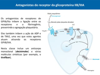 Antagonistas do receptor da glicoproteína IIB/IIIA
Os antagonistas de receptores de
GPIIb/IIIa inibem a ligação entre os
receptores e o fibrinogênio,
prevenindo a agregação plaquetária.
Eles também inibem a ação de ADP e
de TXA2, uma vez que estes agentes
atuam ativando os receptores
GPIIB/IIIA.
Nesta classe inclue um anticorpo
monoclonal (abciximabe) e várias
moléculas sintéticas (por exemplo, o
tirofiban).
 