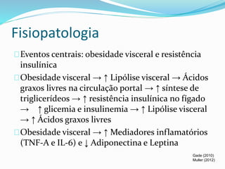 Fisiopatologia 
Eventos centrais: obesidade visceral e resistência 
insulínica 
Obesidade visceral → ↑ Lipólise visceral → Ácidos 
graxos livres na circulação portal → ↑ síntese de 
triglicerídeos → ↑ resistência insulínica no fígado 
→ ↑ glicemia e insulinemia → ↑ Lipólise visceral 
→ ↑ Ácidos graxos livres 
Obesidade visceral → ↑ Mediadores inflamatórios 
(TNF-A e IL-6) e ↓ Adiponectina e Leptina 
Gade (2010) 
Muller (2012) 
 