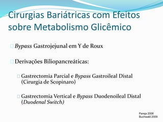 Cirurgias Bariátricas com Efeitos 
sobre Metabolismo Glicêmico 
Bypass Gastrojejunal em Y de Roux 
Derivações Biliopancreáticas: 
Gastrectomia Parcial e Bypass Gastroileal Distal 
(Cirurgia de Scopinaro) 
Gastrectomia Vertical e Bypass Duodenoileal Distal 
(Duodenal Switch) 
Pareja 2006 
Buchwald 2009 
 