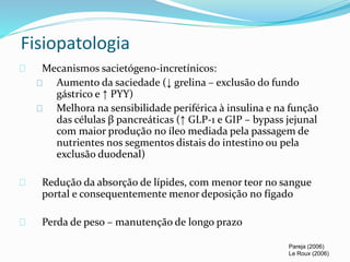 Fisiopatologia 
Mecanismos sacietógeno-incretínicos: 
Aumento da saciedade (↓ grelina – exclusão do fundo 
gástrico e ↑ PYY) 
Melhora na sensibilidade periférica à insulina e na função 
das células β pancreáticas (↑ GLP-1 e GIP – bypass jejunal 
com maior produção no íleo mediada pela passagem de 
nutrientes nos segmentos distais do intestino ou pela 
exclusão duodenal) 
Redução da absorção de lípides, com menor teor no sangue 
portal e consequentemente menor deposição no fígado 
Perda de peso – manutenção de longo prazo 
Pareja (2006) 
Le Roux (2006) 
 