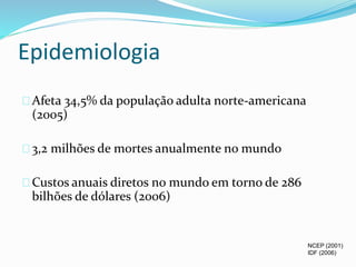 Epidemiologia 
Afeta 34,5% da população adulta norte-americana 
(2005) 
3,2 milhões de mortes anualmente no mundo 
Custos anuais diretos no mundo em torno de 286 
bilhões de dólares (2006) 
NCEP (2001) 
IDF (2006) 
 