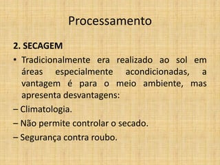 Processamento
2. SECAGEM
• Tradicionalmente era realizado ao sol em
áreas especialmente acondicionadas, a
vantagem é para o meio ambiente, mas
apresenta desvantagens:
– Climatologia.
– Não permite controlar o secado.
– Segurança contra roubo.
 