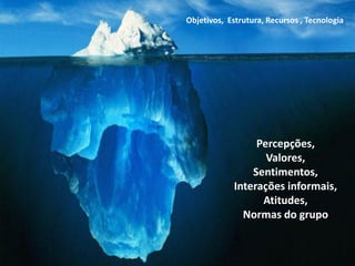 Objetivos, Estrutura, Recursos , Tecnologia
Chefia & Liderança




                                                         Percepções,
                                                           Valores,
                                                        Sentimentos,
                                                    Interações informais,
                                                          Atitudes,
                                                      Normas do grupo


                     F.R.BITTENCOURT
 