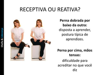RECEPTIVA OU REATIVA?
                                  Perna dobrada por
                                     baixo da outra:
Chefia & Liderança




                                  disposta a aprender,
                                    postura típica de
                                       aprendizes.

                                  Perna por cima, mãos
                                          tensas:
                                     dificuldade para
                                  acreditar no que você
                                            diz
 