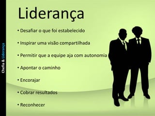 Liderança
                     • Desafiar o que foi estabelecido

                     • Inspirar uma visão compartilhada
Chefia & Liderança




                     • Permitir que a equipe aja com autonomia

                     • Apontar o caminho

                     • Encorajar

                     • Cobrar resultados

                     • Reconhecer
 