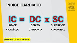 ÍNDICE CARDÍACO
ÍNDICE
CARDÍACO
DÉBITO
CARDÍACO
SUPERFÍCIE
CORPORAL
NORMAL = 2,4 a 4Lmin
 