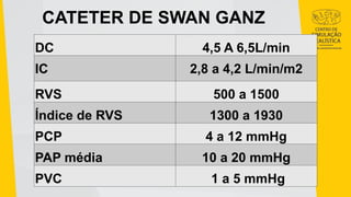 CATETER DE SWAN GANZ
DC 4,5 A 6,5L/min
IC 2,8 a 4,2 L/min/m2
RVS 500 a 1500
Índice de RVS 1300 a 1930
PCP 4 a 12 mmHg
PAP média 10 a 20 mmHg
PVC 1 a 5 mmHg
 