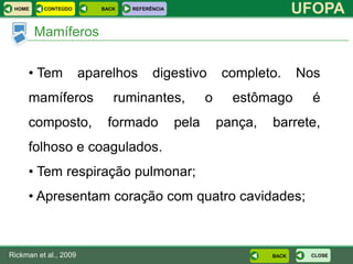 HOME     CONTEÚDO        BACK   REFERÊNCIA
                                                                         UFOPA
        Mamíferos


     • Tem             aparelhos       digestivo         completo.       Nos
     mamíferos               ruminantes,             o     estômago        é
     composto,             formado            pela       pança,   barrete,
     folhoso e coagulados.
     • Tem respiração pulmonar;
     • Apresentam coração com quatro cavidades;



Rickman et al., 2009                                              BACK    CLOSE
 