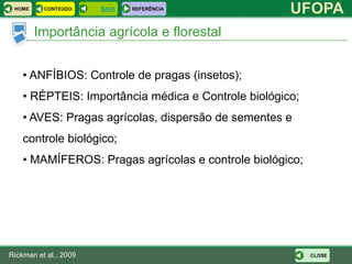 HOME     CONTEÚDO     BACK   REFERÊNCIA
                                                     UFOPA
        Importância agrícola e florestal


    • ANFÍBIOS: Controle de pragas (insetos);
    • RÉPTEIS: Importância médica e Controle biológico;
    • AVES: Pragas agrícolas, dispersão de sementes e
    controle biológico;
    • MAMÍFEROS: Pragas agrícolas e controle biológico;




Rickman et al., 2009                                      CLOSE
 
