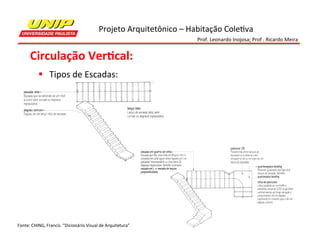 Projeto	
  Arquitetônico	
  –	
  Habitação	
  Cole7va	
  
Prof.	
  Leonardo	
  Inojosa;	
  Prof	
  .	
  Ricardo	
  Meira	
  

Circulação	
  Ver2cal:	
  
§  Tipos	
  de	
  Escadas:	
  

Fonte:	
  CHING,	
  Francis.	
  “Dicionário	
  Visual	
  de	
  Arquitetura”	
  

 