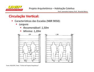 Projeto	
  Arquitetônico	
  –	
  Habitação	
  Cole7va	
  
Prof.	
  Leonardo	
  Inojosa;	
  Prof	
  .	
  Ricardo	
  Meira	
  

Circulação	
  Ver2cal:	
  
§  Caracterís7cas	
  das	
  Escadas	
  (NBR	
  9050):	
  
§  Largura:	
  	
  	
  
§  Recomendável:	
  1,50m	
  
§  Mínima:	
  1,20m	
  

Fonte:	
  NEUFERT,	
  Peter.	
  “A	
  Arte	
  de	
  Projetar	
  Arquitetura”	
  

 