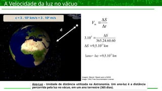A Velocidade da luz no vácuo
c = 3 . 105
km/s = 3 . 108
m/s
Ano-Luz - Unidade de distância utilizada na Astronomia. Um ano-luz é a distância
percorrida pela luz no vácuo, em um ano terrestre (365 dias).
d
t
S
Vm



km
S
S
13
5
10
.
5
,
9
60
.
60
.
24
.
365
10
.
3




km
luz
ano 13
10
.
5
,
9
1 

Imagem: Marvel / Based upon a NASA
image / GNU Free Documentation License.
 