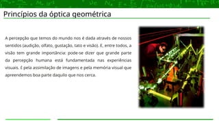 Princípios da óptica geométrica
A percepção que temos do mundo nos é dada através de nossos
sentidos (audição, olfato, gustação, tato e visão). E, entre todos, a
visão tem grande importância: pode-se dizer que grande parte
da percepção humana está fundamentada nas experiências
visuais. É pela assimilação de imagens e pela memória visual que
apreendemos boa parte daquilo que nos cerca.
 