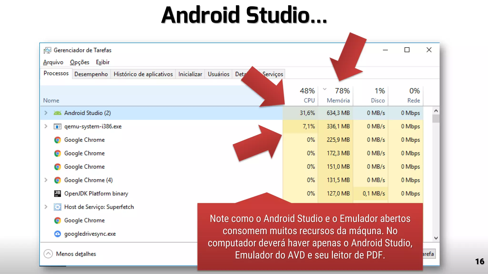 Android Studio...
16www.tiago.blog.br
Note como o Android Studio e o Emulador abertos
consomem muitos recursos da máquna. No
computador deverá haver apenas o Android Studio,
Emulador do AVD e seu leitor de PDF.
 