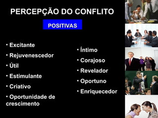 PERCEPÇÃO DO CONFLITO
• Excitante
• Rejuvenescedor
• Útil
• Estimulante
• Criativo
• Oportunidade de
crescimento
POSITIVAS
POSITIVAS
• Íntimo
• Corajoso
• Revelador
• Oportuno
• Enriquecedor
 