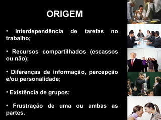 • Interdependência de tarefas no
trabalho;
• Recursos compartilhados (escassos
ou não);
• Diferenças de informação, percepção
e/ou personalidade;
• Existência de grupos;
• Frustração de uma ou ambas as
partes.
ORIGEM
 