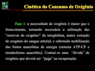 Cinética do Consumo de Oxigênio
            Cinética


      Fase 1: a necessidade de oxigênio é maior que o
fornecimento, tornando necessária a utilização das
“reservas de oxigênio” da mioglobina, maior extração
de oxigênio do sangue arterial, e sobretudo mobilização
das fontes anaeróbias de energia (sistema ATP-CP e
metabolismo anaeróbio). Contrai-se uma “dívida” de
oxigênio que deverá ser “paga” na recuperação.
 