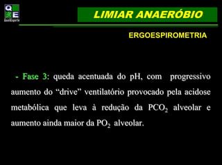 LIMIAR ANAERÓBIO
                               ERGOESPIROMETRIA




 - Fase 3: queda acentuada do pH, com progressivo
aumento do “drive” ventilatório provocado pela acidose
metabólica que leva à redução da PCO2 alveolar e
aumento ainda maior da PO2 alveolar.
 