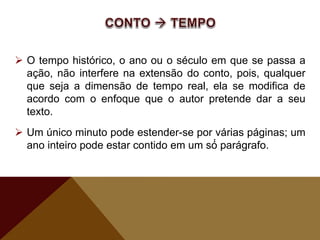  O tempo histórico, o ano ou o século em que se passa a
ação, não interfere na extensão do conto, pois, qualquer
que seja a dimensão de tempo real, ela se modifica de
acordo com o enfoque que o autor pretende dar a seu
texto.
 Um único minuto pode estender-se por várias páginas; um
ano inteiro pode estar contido em um só́ parágrafo.
 