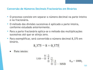 Conversão de Números Decimais Fracionários em Binários
• O processo consiste em separar o número decimal na parte inteira
e na fracionária.
• O método das divisões sucessivas é aplicado a parte inteira,
conforme estudado anteriormente.
• Para a parte fracionária aplica-se o método das multiplicações
sucessivas até que se atinja zero.
• Para exemplificar, será convertido o número decimal 8,375 em
binário.
120
 