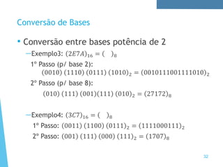 Conversão de Bases
• Conversão entre bases potência de 2
—Exemplo3: 2𝐸7𝐴 16 = 8
1º Passo (p/ base 2):
0010 1110 0111 1010 2 = 0010111001111010 2
2º Passo (p/ base 8):
010 111 001 111 010 2 = 27172 8
—Exemplo4: 3𝐶7 16 = 8
1º Passo: 0011 1100 0111 2 = 1111000111 2
2º Passo: 001 111 000 111 2 = 1707 8
32
 